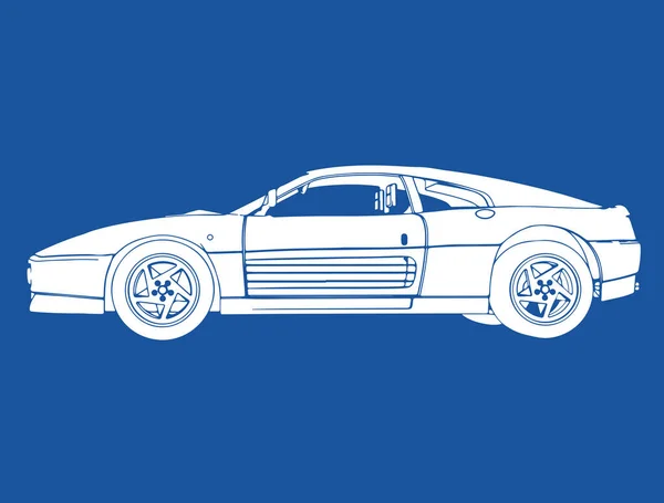 Silueta Blanca Coche Deportivo Sobre Fondo Azul — Vector de stock