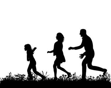 Çimenlerin üzerinde koşan ailenin vektör, izole edilmiş silueti