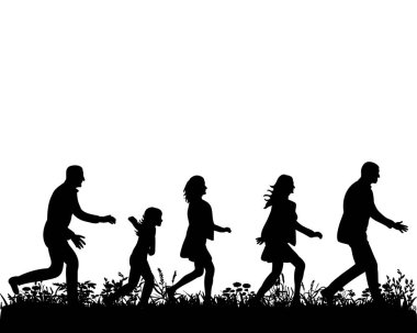 Vektör, izole edilmiş siluet insanlar çimenler boyunca koşuyor.