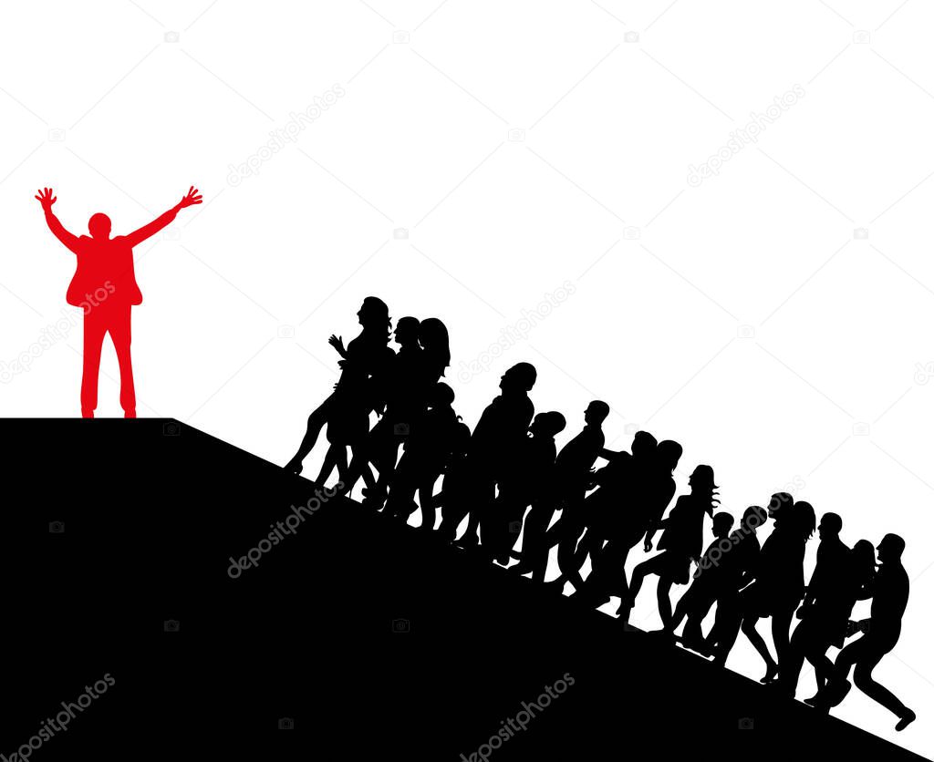 Isolated silhouette of people running up a mountain, aim, business