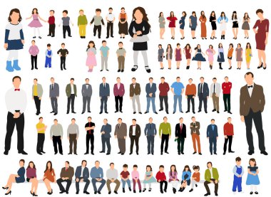 Vektör, illüstrasyon, düz insanlar, koleksiyon, kızlar erkekler, çocuklar