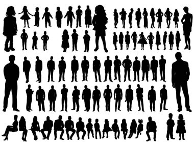 Vektör, illüstrasyon, siluetler insanlar, koleksiyon, kızlar erkekler, çocuklar