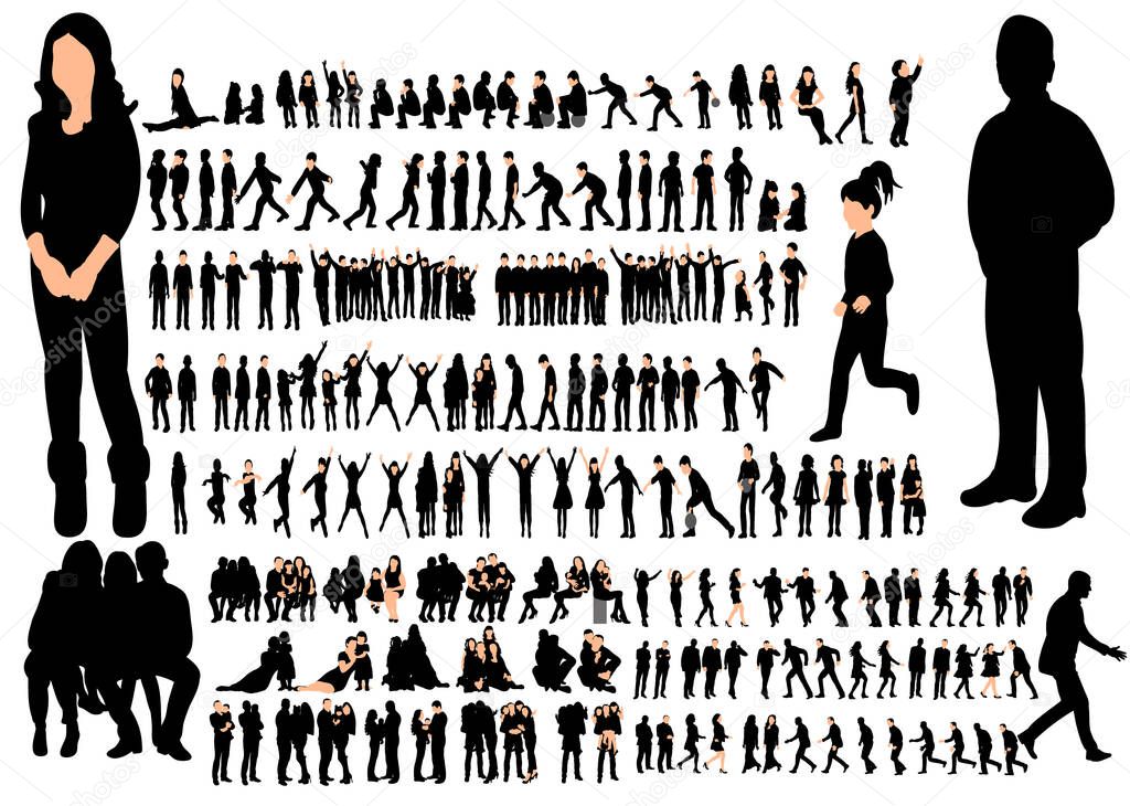  isolated silhouettes set of people, a collection of silhouettes of men, women and children