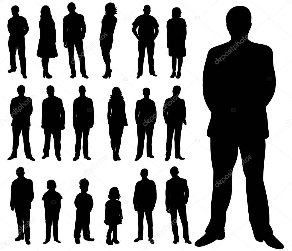  isolated silhouettes set of people, a collection of silhouettes of men, women and children