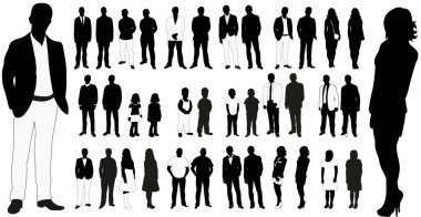 İzole insanlar seti, siyah beyaz siluetler koleksiyonu.