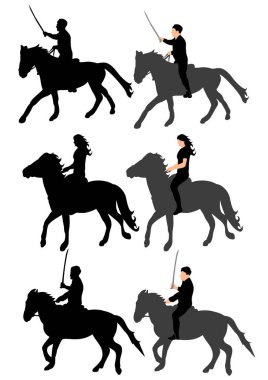  İnsanların izole edilmiş silueti atlara, binicilere atlıyor.