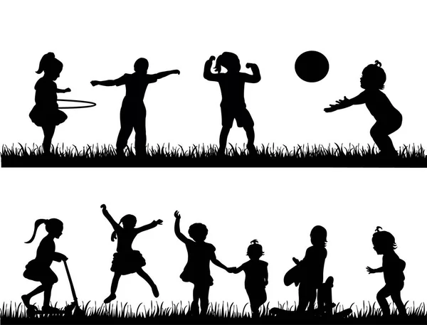 Silhouette Bambini Che Giocano Ballano Nella Natura — Vettoriale Stock