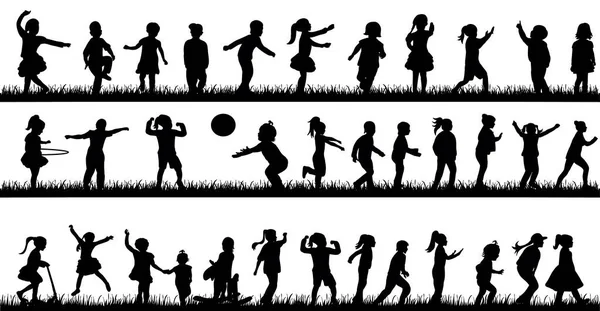 Silhouet Van Kinderen Dansen Spelen Springen Het Gras Collectie — Stockvector