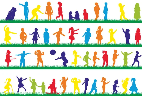 Silhouettes Multicolores Enfants Jouant Sur Herbe — Image vectorielle