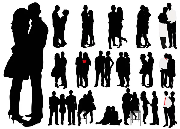 Silhouettes Vectorielles Isolées Noires Blanches Dans Les Couples Amoureux Collection — Image vectorielle