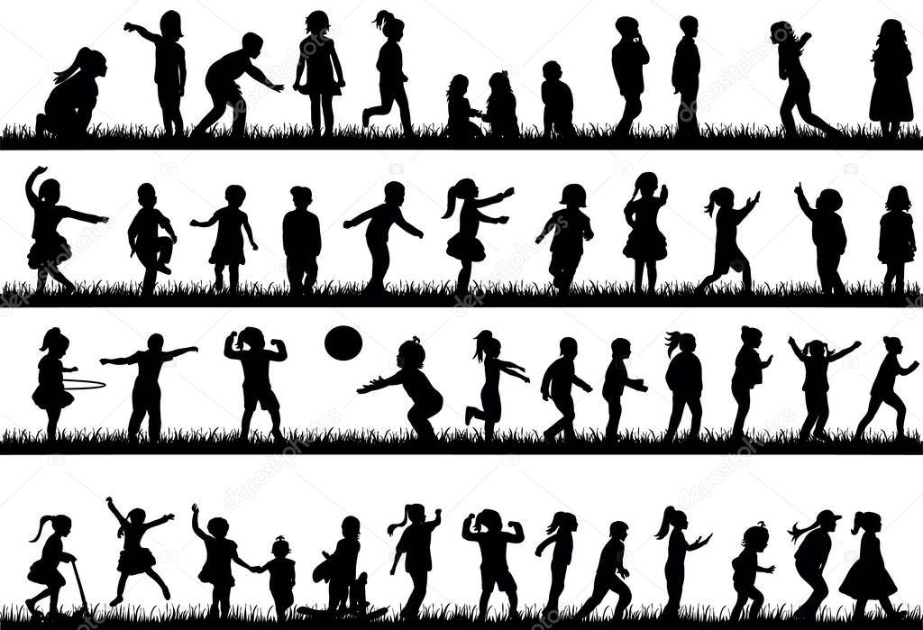 silhouette of children dancing, playing and jumping on the grass, collection