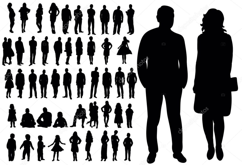 Set of silhouettes of men and women, people, vector, isolated