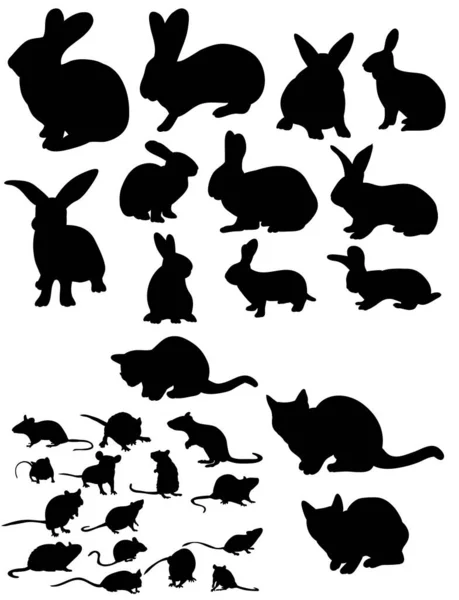 Vector Isolated Silhouette Rat Cats Rabbits Collection — Stock Vector