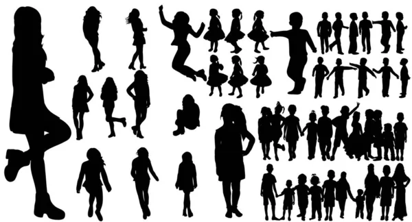 Vecteur Silhouette Isolée Enfants Adolescents Ensemble Groupe — Image vectorielle