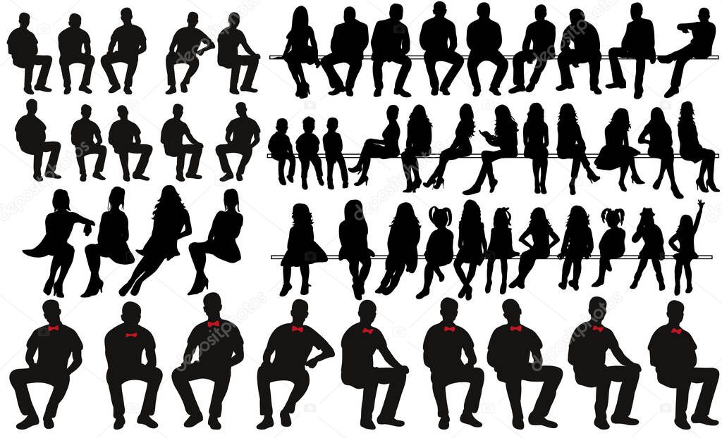 collection of silhouettes of people sitting, men, girls, children