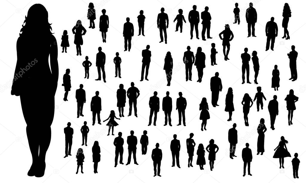 Vector, isolated, silhouette of a large group of standing people