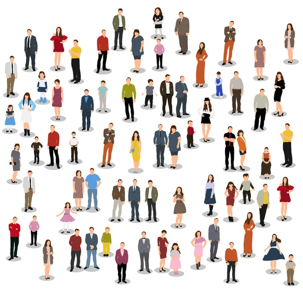 Vector Aislado Silueta Grupo Grande Personas Pie Estilo Plano — Vector de stock