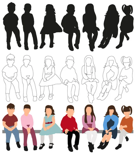 Vector Isolated Collection Silhouettes Children Sitting — Stock Vector