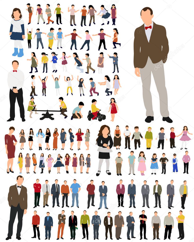 Vector, isolated, a collection of people silhouettes, flat style, isometric people
