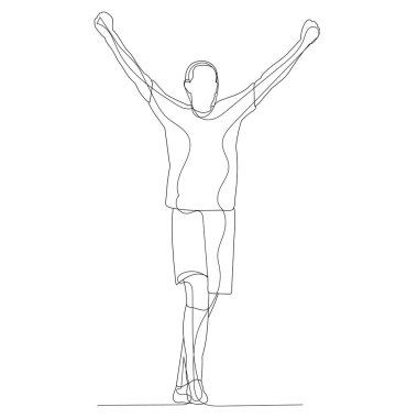 vektör, beyaz bir arkaplanda, sürekli bir çizgi çizerek bir adam sevinir.