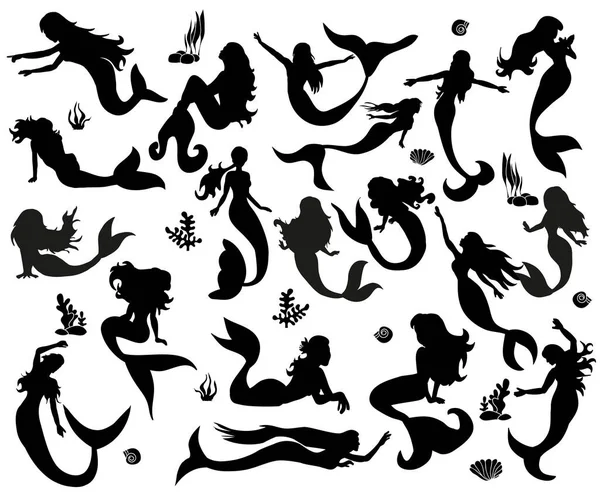 Silhouette Mermaid Sea Set — Stock Vector