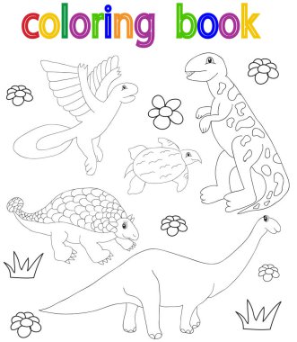 vektör, beyaz arkaplan, kitap renklendirme, dinozor, küme