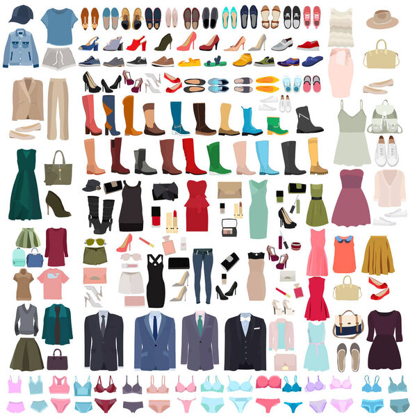 vector, isolated, set of clothes, shoes and linen