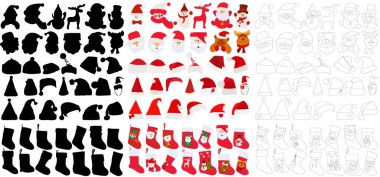 Vektör, izole edilmiş, hediyeler için çorap ve Noel Baba şapkaları.