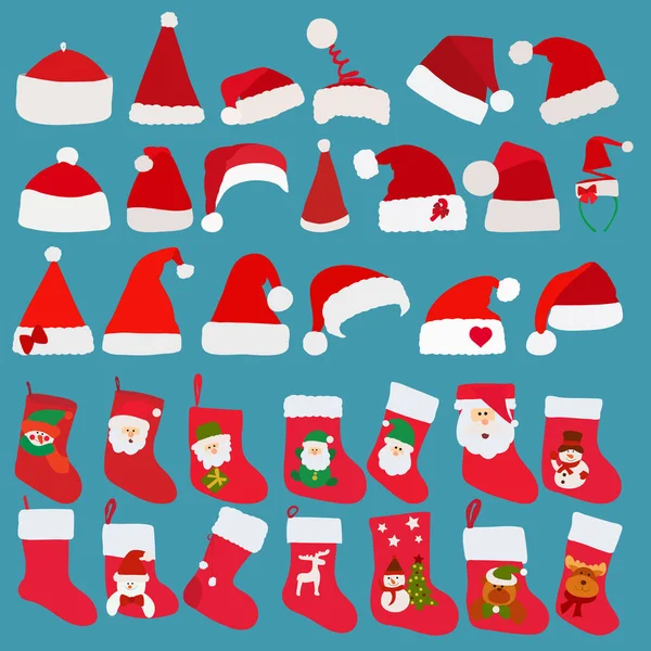 Vecteur Isolé Ensemble Chaussettes Pour Cadeaux Chapeaux Père Noël — Image vectorielle