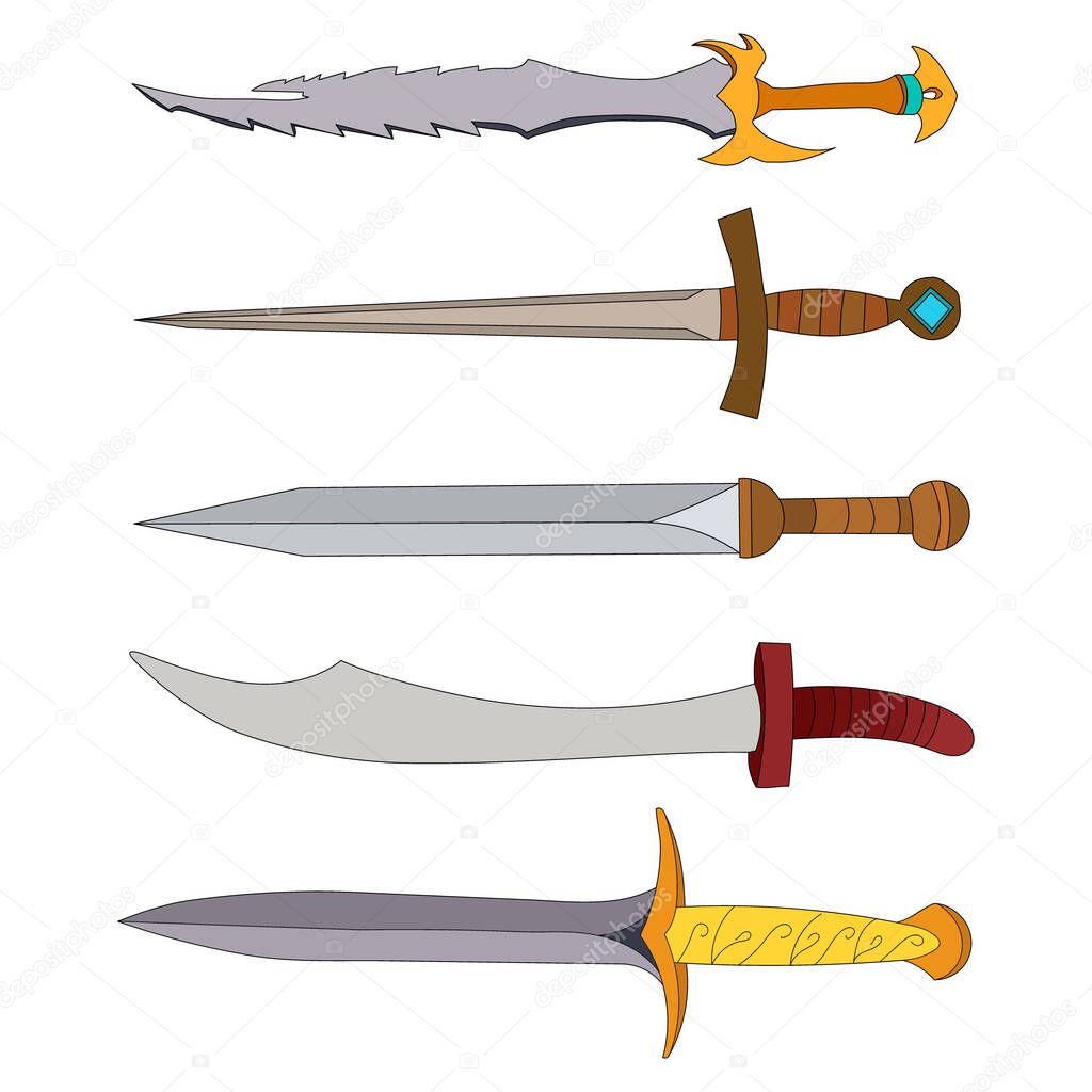 vector, isolated, weapon, sword, saber, set, collection