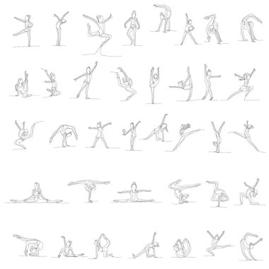 vektör, izole, çizim, tek çizgi kız jimnastiği, esneme, set