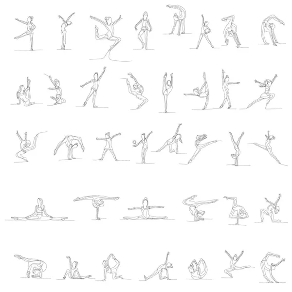 Vektor Izolované Kreslení Jedna Čára Dívka Gymnastika Strečink Set — Stockový vektor