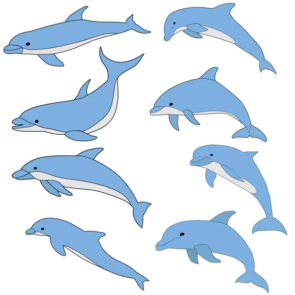 Conjunto Nadadores Golfinhos Azuis Isolados Vetoriais — Vetor de Stock