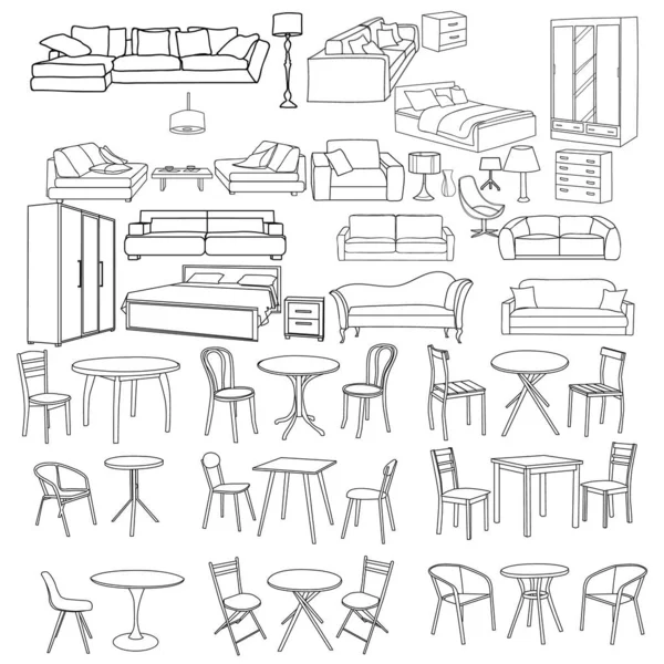 Vector Aislado Contorno Conjunto Muebles Boceto — Vector de stock