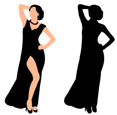 Vektör, illüstrasyon, uzun elbiseli siluet kız güzel poz veriyor.