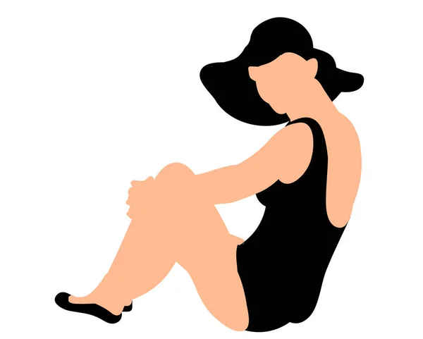 Vecteur Illustration Silhouette Une Fille Assise Dans Chapeau — Image vectorielle