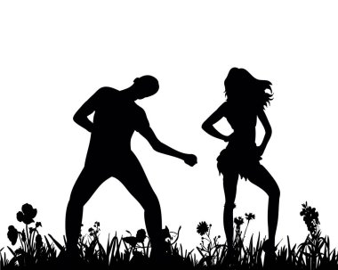 Vektör, izole edilmiş dans eden insanların siluetinin çizimi