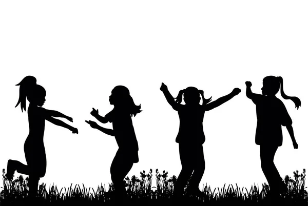 Silhouette Von Kindern Spielt Und Tanzt Auf Gras — Stockvektor