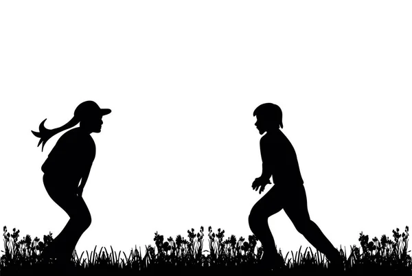 Silhouette Des Enfants Jouent Courent Sur Herbe — Image vectorielle