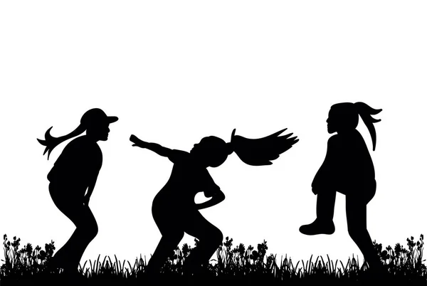 Silhouette Enfants Jouant Sur Herbe — Image vectorielle