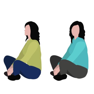 Düz bir şekilde izole edilmiş vektör, kız oturur, iki