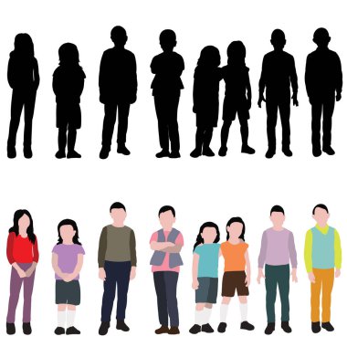 çocuk silueti ve düz bir tarzda bir grup çocuk.