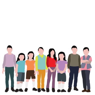 vektör, izole, düz stil çocuk, bir grup çocuk yüzsüz duruyor