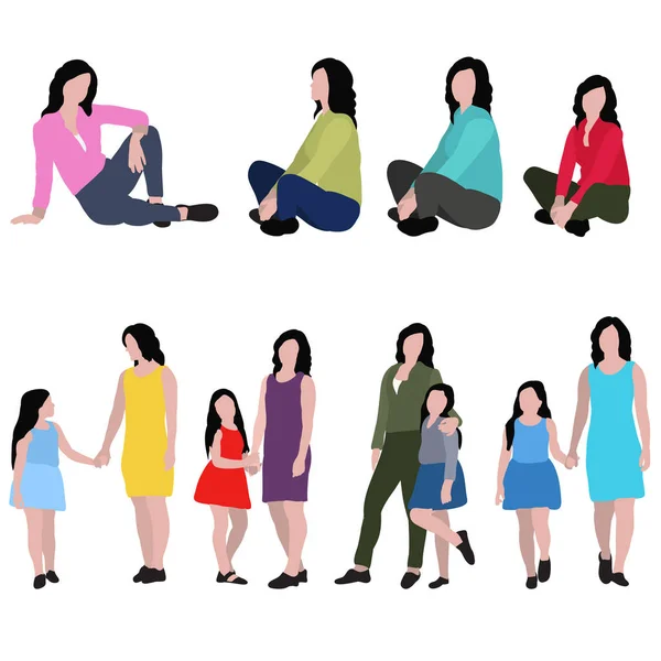 Vector Isolated Flat Style Mom Daughter Face Set — Stock Vector