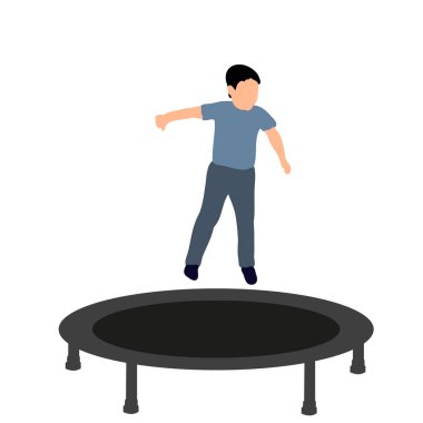 Trambolinde zıplayan bir çocuğun vektör çizimi, ikonlar, çocukluk kavramı.