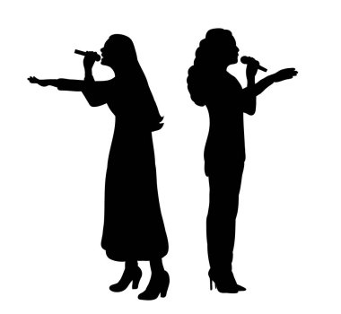 Vektör, ilüstrasyon, şarkı söyleyen bir kızın silueti, mikrofon