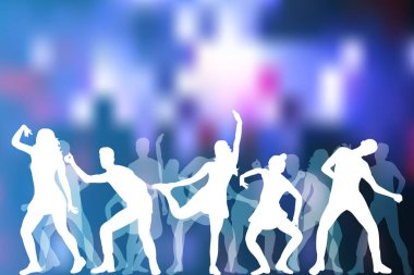 vektör, dans eden insanların silueti, disko arka planı, parti