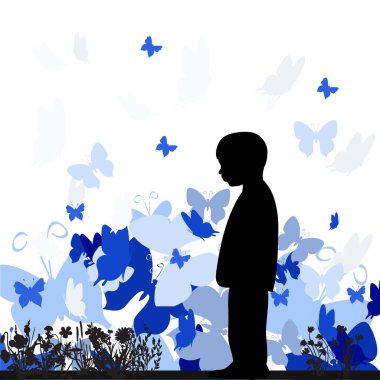 Kelebeklerle dolu renkli bir arka planda üzgün bir çocuğun vektör silueti.