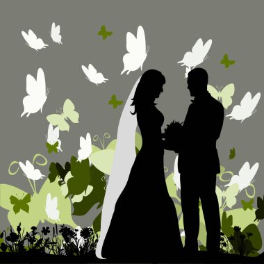 Gelin ve damadın rengarenk bir arka planı var. Kelebekler, aşk, düğün kartı.