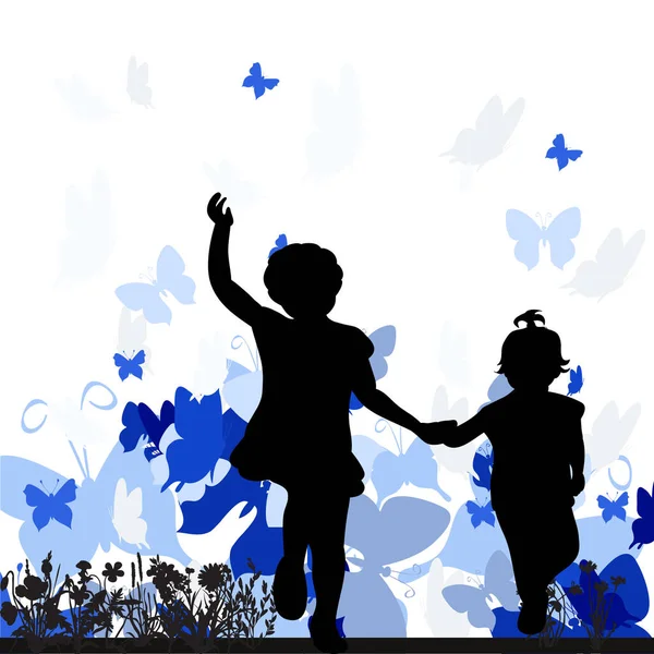 Silhouette Enfants Jouant Sur Fond Coloré — Image vectorielle